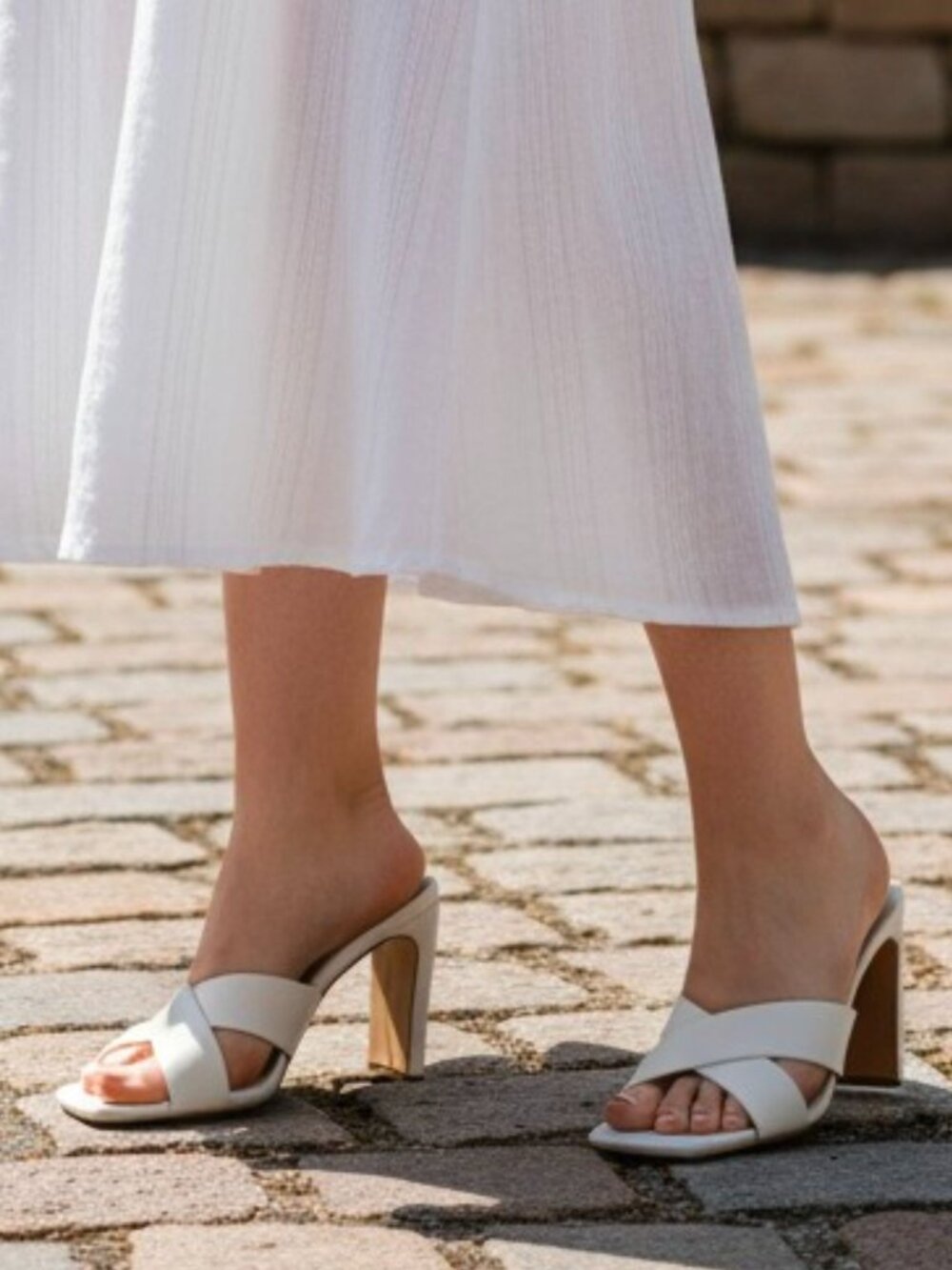 White Open-Toe Heeled Sandals With Cross-Strap Design & Square Toe By Anna